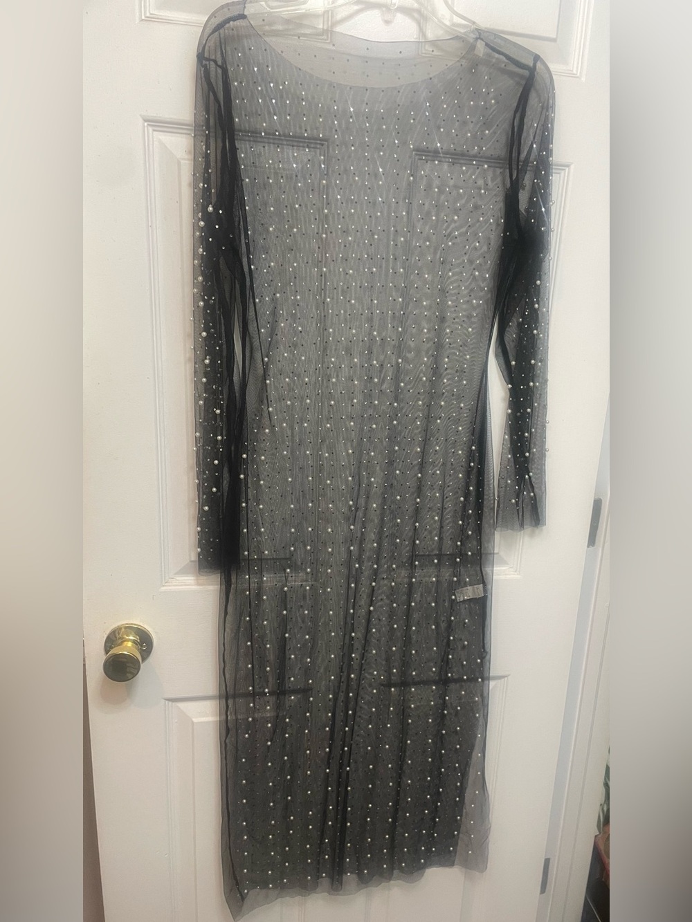Sheer Black Pearl-Embellished Long Sleeve Dress